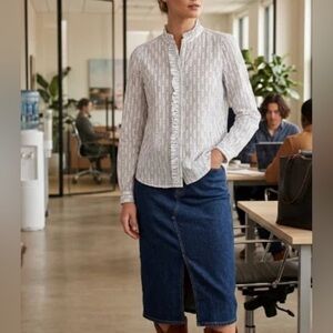 LOFT Pink Bird Print Button Up Shirt Sz S Long Sleeve Lightweight Blouse